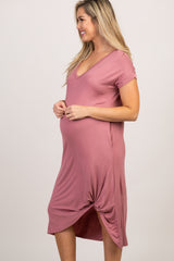 Mauve Short Sleeve Knot Maternity Dress