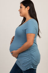 Light Blue Ruched Short Sleeve Plus Maternity Top