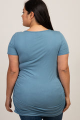 Light Blue Ruched Short Sleeve Plus Maternity Top