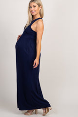 Navy Blue Solid Sleeveless Maternity Maxi Dress