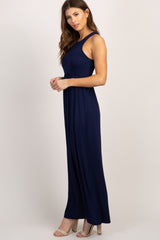 Navy Blue Solid Sleeveless Maxi Dress