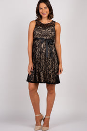Beige Lace Overlay Tie Accent Maternity Dress