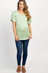Mint Green Striped Ruffle Short Sleeve Maternity Top