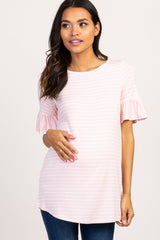 Light Pink Striped Ruffle Sleeve Maternity Top