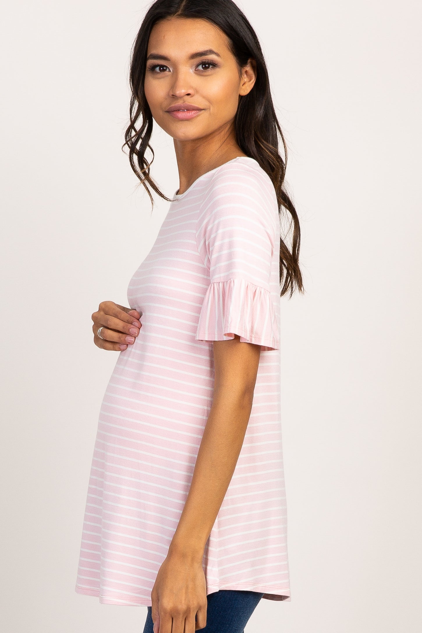 Light Pink Striped Ruffle Sleeve Maternity Top