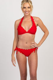 Red Solid Scalloped Bikini Set