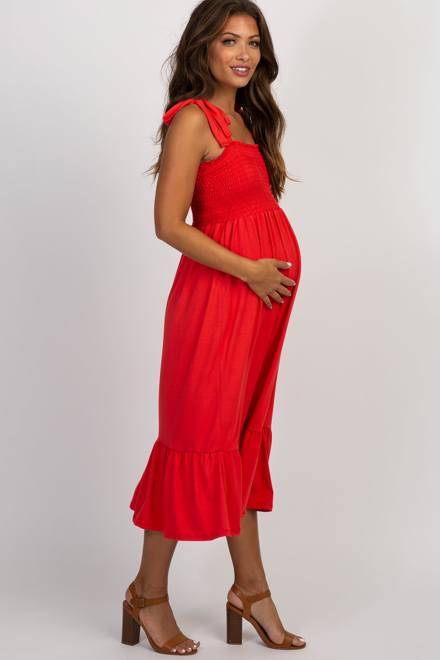 PinkBlush Red Solid Self-Tie Smocked Maternity Midi Dress