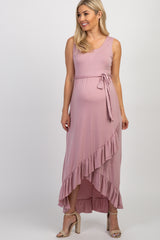 PinkBlush Mauve Sleeveless Hi-Low Ruffle Trim Maternity Maxi Dress