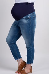 Blue Distressed Hem Plus Maternity Jeans