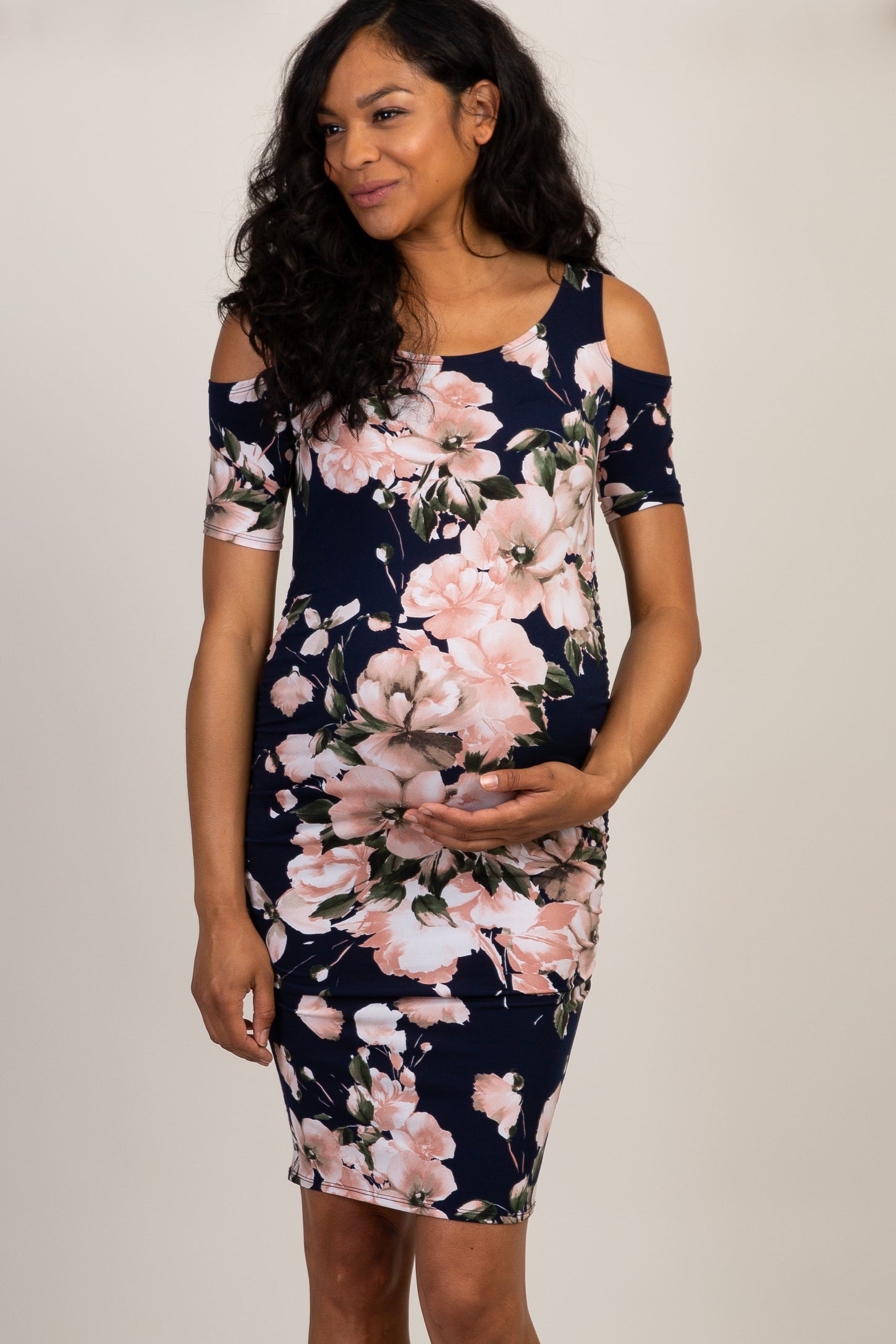 Navy Floral Ruched Cold Shoulder Maternity Dress
