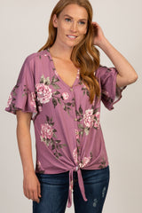 Mauve Peony Floral Button Tie Front Maternity Top