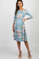 Light Blue Floral 3/4 Sleeve Maternity Midi Dress