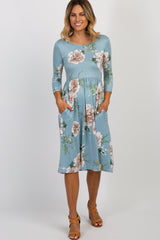Light Blue Floral 3/4 Sleeve Midi Dress