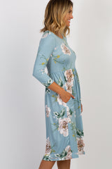 Light Blue Floral 3/4 Sleeve Midi Dress