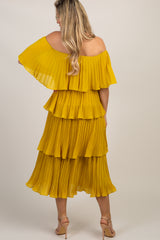 Yellow Solid Off Shoulder Pleated Ruffle Maternity Midi Dress