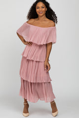Pink Solid Off Shoulder Pleated Ruffle Maternity Midi Dress