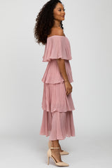 Pink Solid Off Shoulder Pleated Ruffle Midi Dress