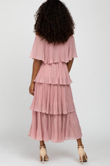 Pink Solid Off Shoulder Pleated Ruffle Midi Dress