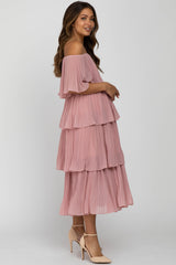 Pink Solid Off Shoulder Pleated Ruffle Maternity Midi Dress