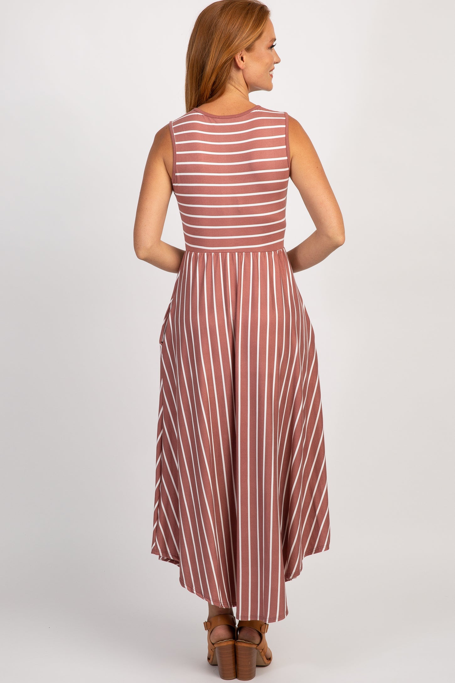 Mauve Striped Sleeveless Midi Dress