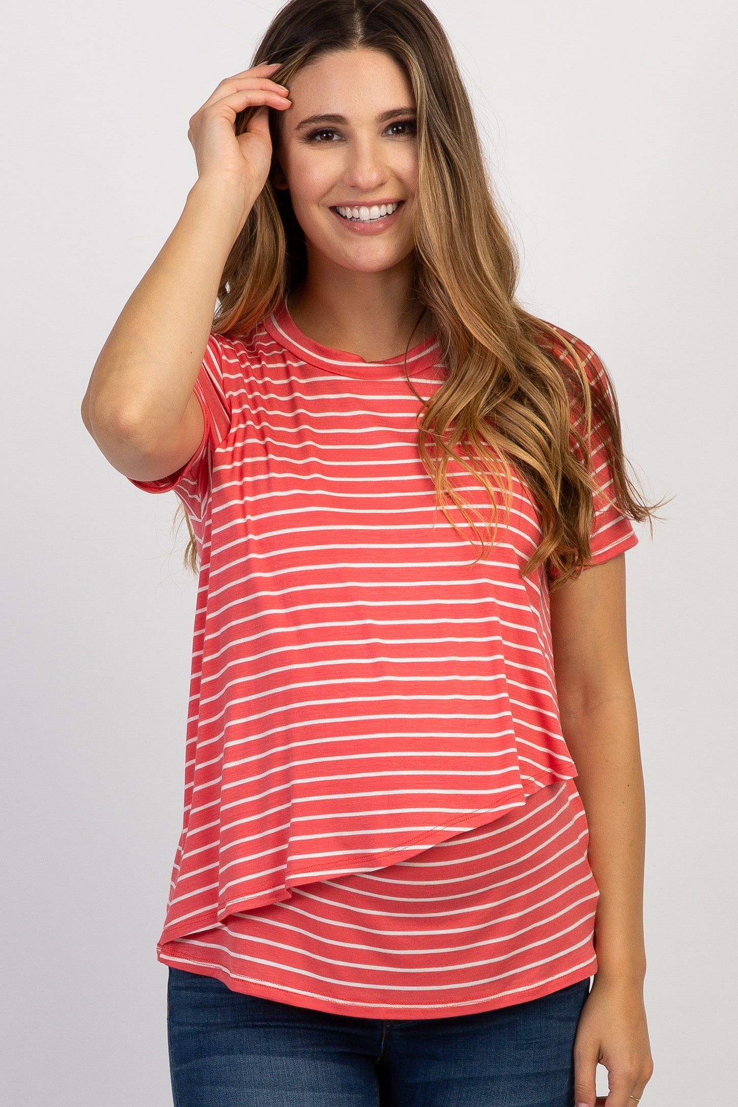 PinkBlush Coral Striped Layered Wrap Front Maternity Nursing Top
