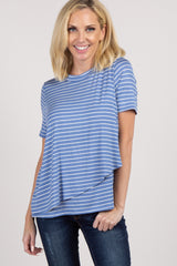 Blue Striped Layered Wrap Front Maternity Nursing Top