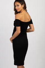 PinkBlush Black Solid Off Shoulder Maternity Fitted Dress