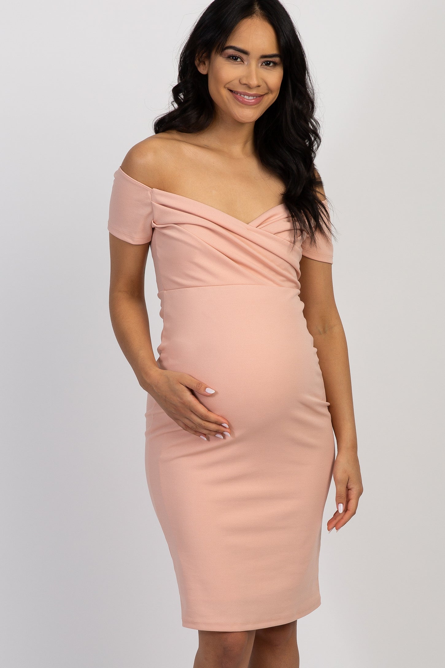 PinkBlush Light Pink Solid Off Shoulder Maternity Fitted Dress