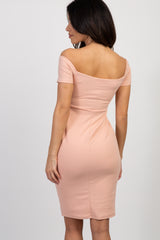 PinkBlush Light Pink Solid Off Shoulder Fitted Dress