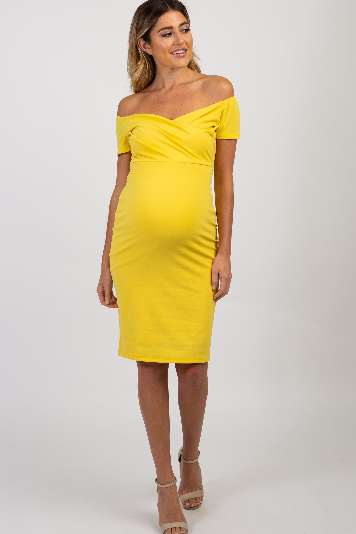 Yellow Solid Off Shoulder Maternity Fitted Dress