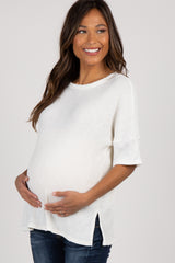 Ivory Solid Ribbed Short Sleeve Maternity Top