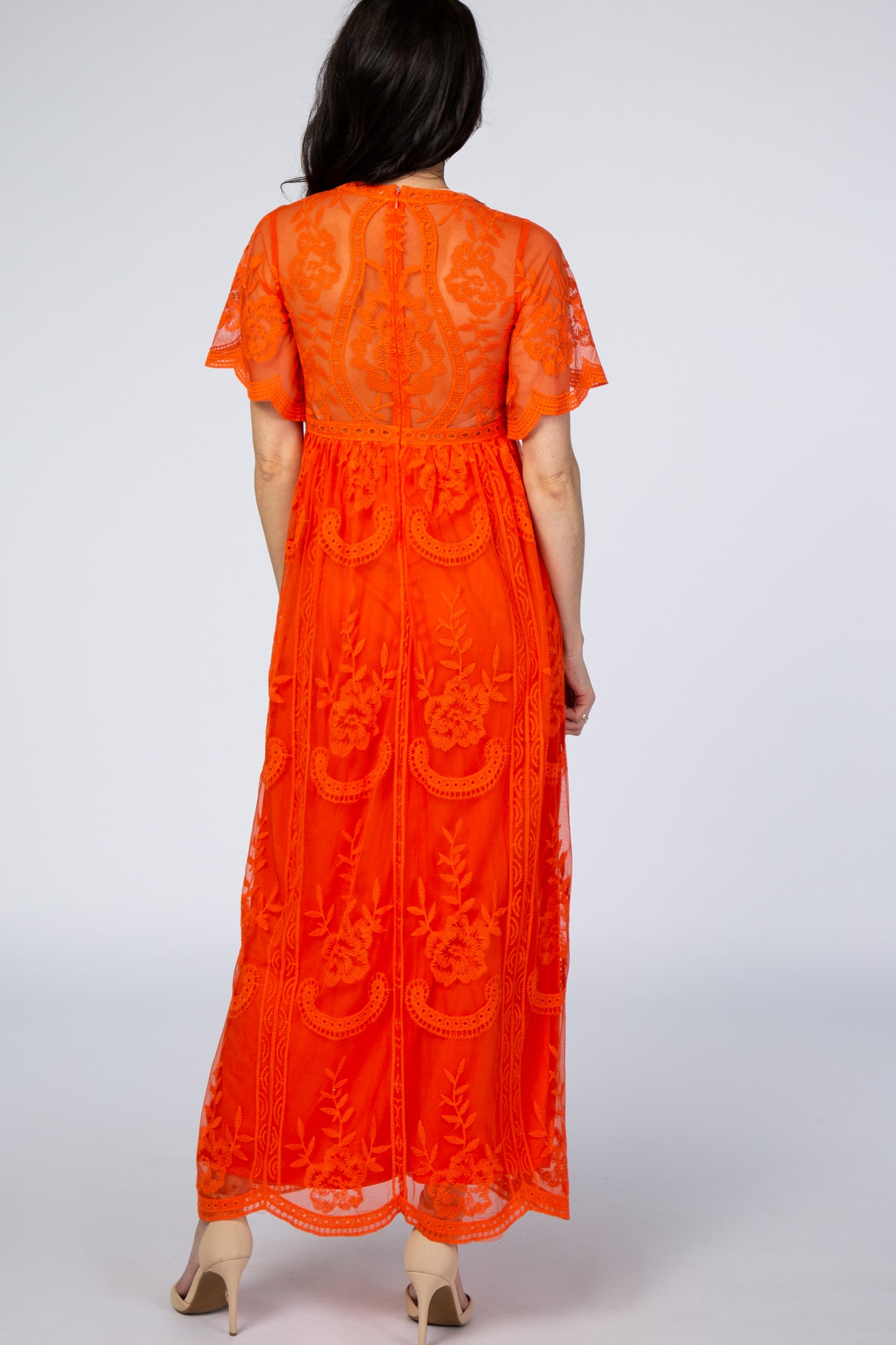 PinkBlush Neon Orange Lace Mesh Overlay Maxi Dress