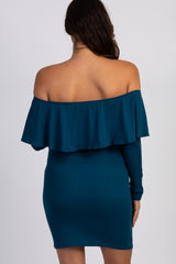 Teal Ruffle Trim Off Shoulder Fitted Maternity Dress