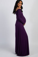 PinkBlush Purple Solid Off Shoulder Maternity Maxi Dress