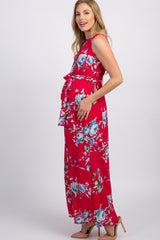 Pink Floral Halter Neckline Maternity Maxi Dress