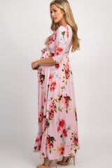 PinkBlush Pink Abstract Floral Sash Tie Maternity/Nursing Maxi Dress