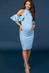 PinkBlush Light Blue Mock Neck Ruffle Trim Fitted Maternity Dress