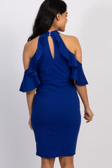 Royal Blue Mock Neck Ruffle Trim Fitted Maternity Dress
