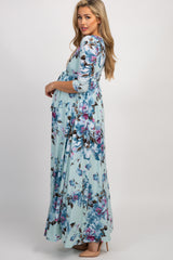 Mint Abstract Floral Sash Tie Maternity/Nursing Maxi Dress