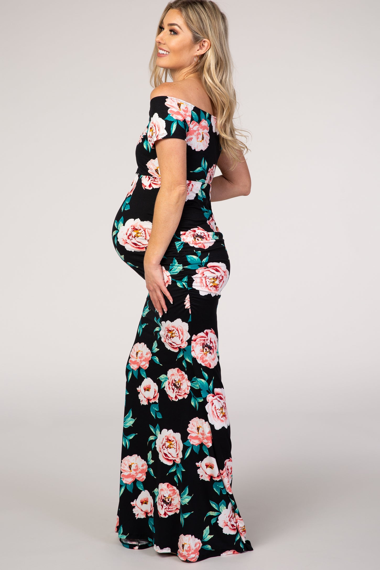 PinkBlush Black Floral Off Shoulder Wrap Maternity Photoshoot Gown/Dress