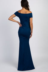 Navy Blue Off Shoulder Wrap Maternity Photoshoot Gown/Dress