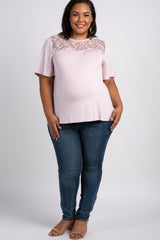 Light Pink Scalloped Lace Yoke Bell Sleeve Plus Maternity Top