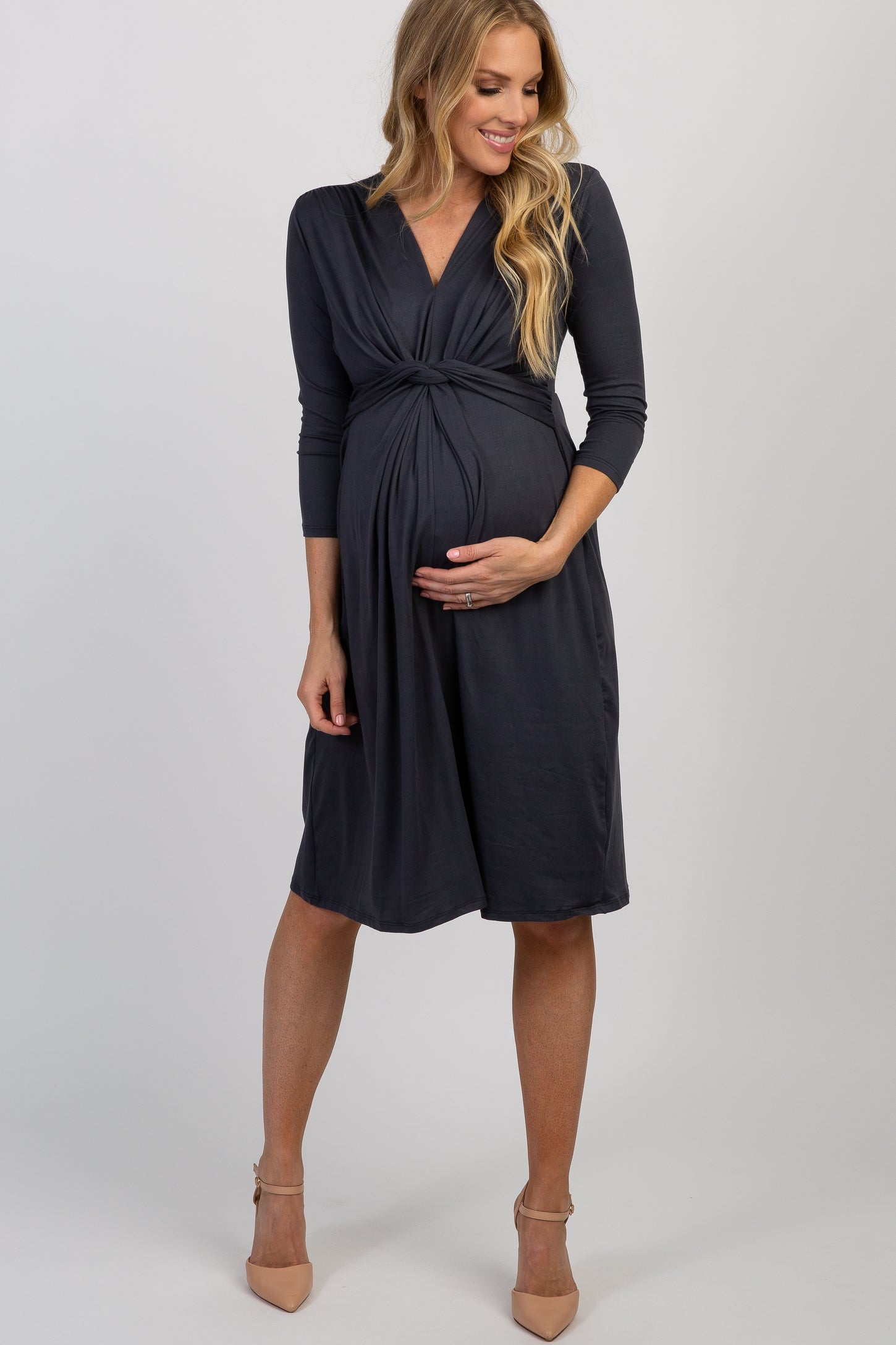 Charcoal Twist Front 3/4 Sleeve Maternity Dress