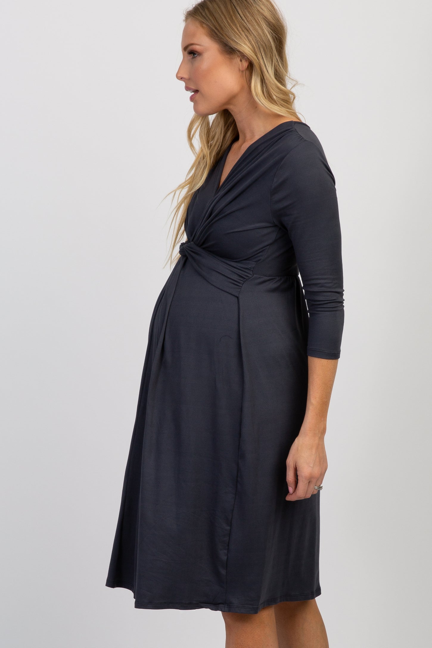 Charcoal Twist Front 3/4 Sleeve Maternity Dress
