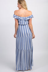 Blue Striped Off Shoulder Maternity Maxi Dress