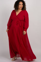 Burgundy Chiffon Long Sleeve Plus Maternity Maxi Dress