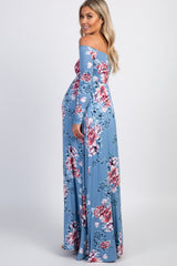 PinkBlush Light Blue Floral Off Shoulder Maternity Maxi Dress
