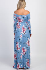 PinkBlush Light Blue Floral Off Shoulder Maternity Maxi Dress