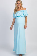 PinkBlush Light Blue Off Shoulder Ruffle Trim Maternity Maxi Dress
