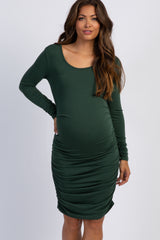 PinkBlush Olive Green Ruched Long Sleeve Maternity Dress